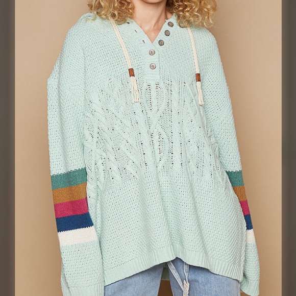 POL Tops - 16. POL OVERSIZED Boho Planket Hoodie Balloon sleeve knit Mint